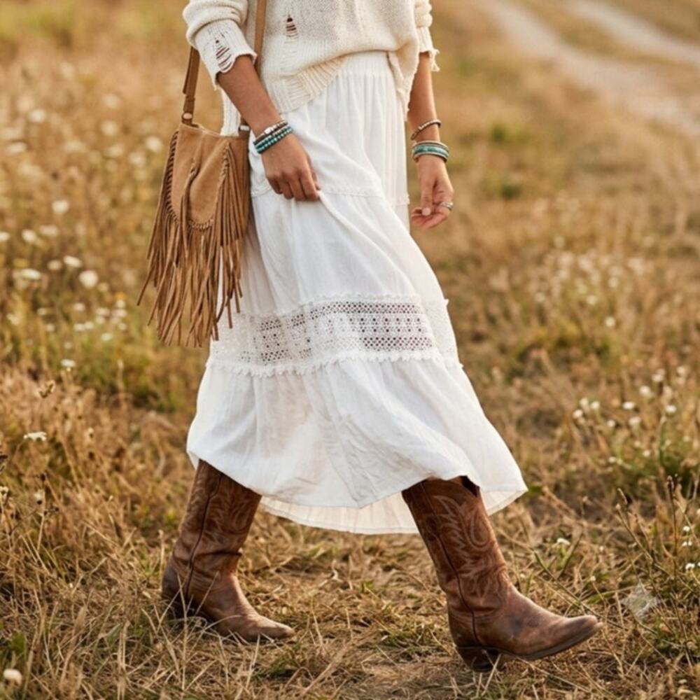 Zesica Boho tiered maxi skirt crochet w pockets long white beachy cottagecore